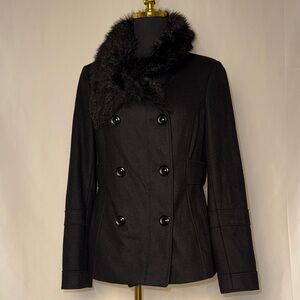Moda International Black Pea Coat with Faux Fur Collar
